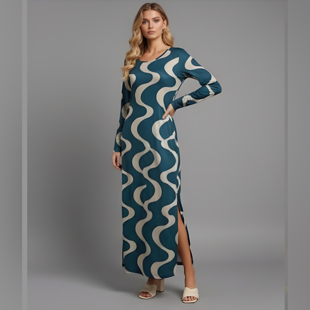 Retro 70s Abstract Wavy Print Long Sleeve Maxi Dress with Side Slit